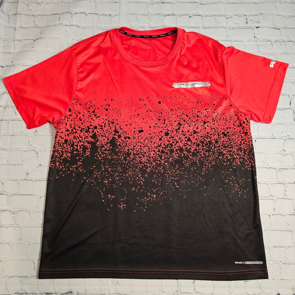 AND1 Mens Basketball T-Shirt Red Black Ombre Splatter Performance Tee 2XL